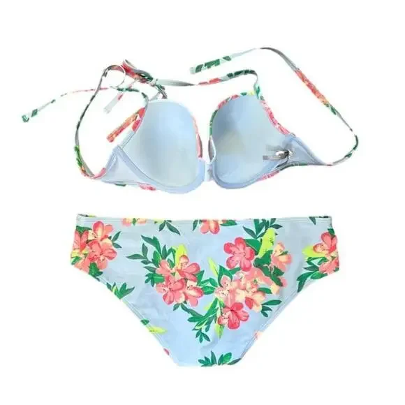 Women's Aerie Blue Floral Bikini Swimsuit Size XL bottom and 36D top - Picture 2 of 8